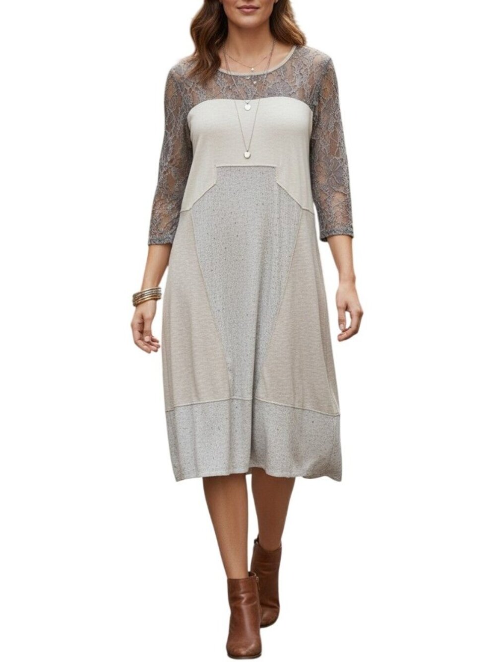 Sundance Lace Jersey Midi Dress Gray Size Large NWOT 3/4 Sleeve Casual Cotton